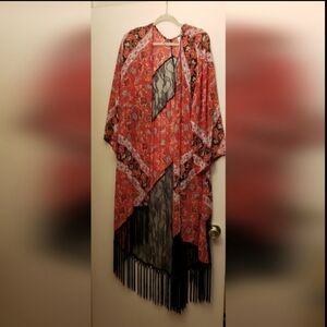 Boho Kimono, long red, black pasley and lace print.